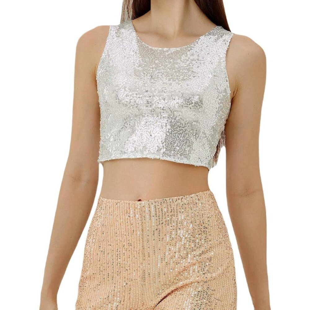 Cropped Tank Top Women Sequin Glitter Sparkle Slim Fit Summer Trendy - Picture 1 of 6